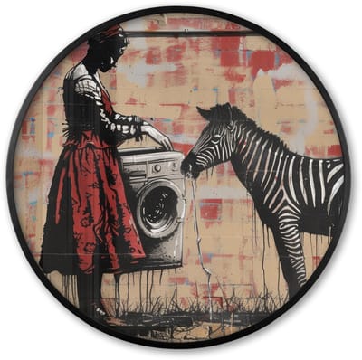 Poster in lijst Rond - Fotolijst 60x60 cm - Posters - Street art - Zebra - Vrouw - Dieren - Graffiti - Banksy Style - Ronde posterlijst zwart - Decoratie - Wanddecoratie woonkamer - Muurdecoratie slaapkamer