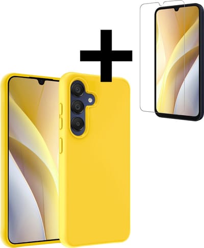 Hoesje - Met Screenprotector - Geschikt voor Samsung Galaxy A15 - Sterk & Shockproof - Back Cover - Siliconen Case - Telefoon Hoes - Telefoonhoesjes - Geel