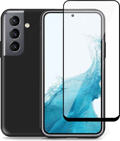 Geschikt voor Samsung S22 Hoesje + Screenprotector – Full Cover Gehard Glas – Suède Back Cover Case Zwart