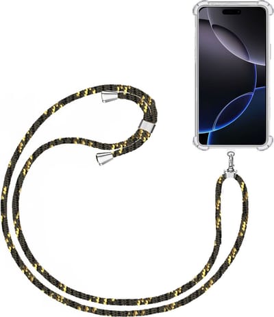 Telefoonkoord + Hoesje Geschikt voor Apple iPhone 16 Pro - Lengte Verstelbaar - Telefoonketting - Shock Proof Case - Zwart Goud