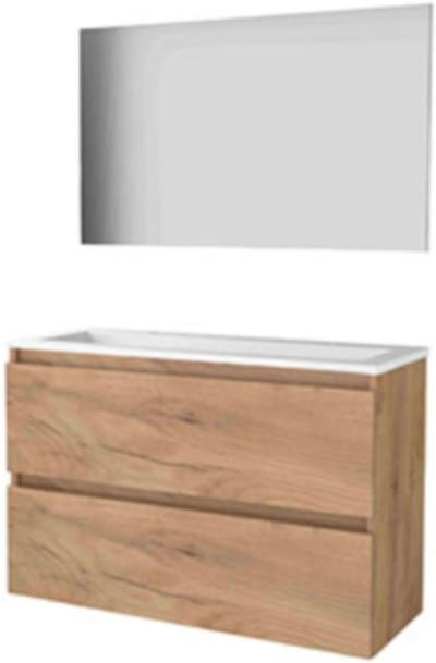 Basic-Line Basic 39 Badkamermeubelset - Ondiep - 100 x 39 cm - Greeploos - 2 Lades - Acryl Wastafel - 2 Kraangaten - Spiegel - Whisky Oak