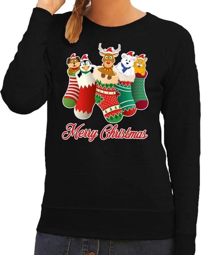 Bellatio Decorations Foute Kersttrui - sweater - kerstsokken met diertjes - Merry Christmas - zwart - voor dames XS