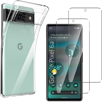 Hoesje Ultraslank geschikt voor Google Pixel 6a backcover siliconen Transparant en 2 stuks ScreenProtector Gehard Glas