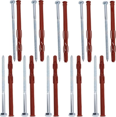 Bevestigingspluggen Set - Pluggen Schroeven - Stevig Ophangen - Voor Baksteen Cellenbeton - 10x160mm - Rood Zilver