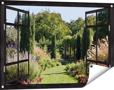 Gards Tuinposter Doorkijk Tuin - 90x60 cm - Tuindoek - Tuindecoratie - Wanddecoratie buiten - Tuinschilderij