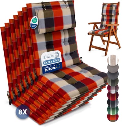 Beautissu Sun-HL - Set van 8 Premium Hoge Rugleuning Kussen met Hoofdkussen 120x50 cm – UV-bestendig & 8cm Dik Kussen Tuinstoelkussen Antislip Bevestigingsbanden – Stevige Stof Oranje Beige geblokt