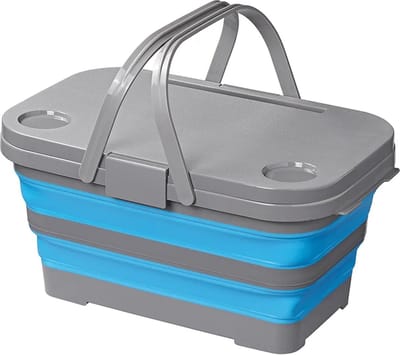 ProPlus Opvouwbare Picknickmand met Deksel - 20 L - Multifunctioneel - Opbergen - Eenvoudig te Reinigen - Inklapbare Picknickmand - Met Uitklapbare Pootjes - Mand - 2 Bekerhouders en Tablethouder - Blauw/grijs