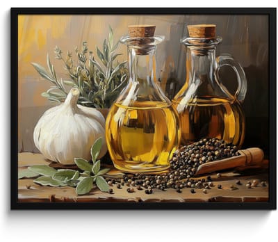 Poster in lijst - Fotolijst 70x50 cm - Posters - Stilleven - Olijfolie - Knoflook - Kruiden - Posterlijst zwart - Decoratie - Wanddecoratie woonkamer - Muurdecoratie slaapkamer