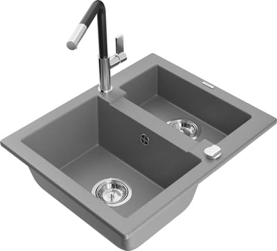 Mexen Carlos granieten spoelbak 1,5-kamer met keukenkraan Flora, grijs - 6518-71-670401-07