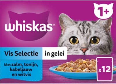 3x Whiskas 1+ - Kattenvoer natvoer - Vis - Selectie in gelei - maaltijdzakjes 12 x 85 g