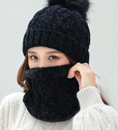 Set 2-Delig Dames Muts met Fleece Voering + Colsjaal – Zwart Velvet – Warme Winterset voor Vrouwen