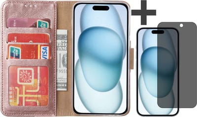 Hoesje met Privacy Screenprotector Geschikt voor iPhone 15 Plus – Arara bookcase met pasjeshouder - Rosegoud