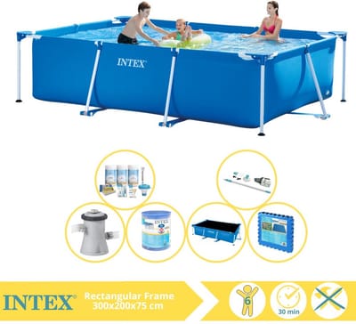 Intex Rechthoekig Frame Zwembad - 300 x 200 x 75 cm - Blauw - Inclusief Solarzeil - Onderhoudspakket - Zwembadfilterpomp - Filter - Stofzuiger - Vloertegels - 7-delig