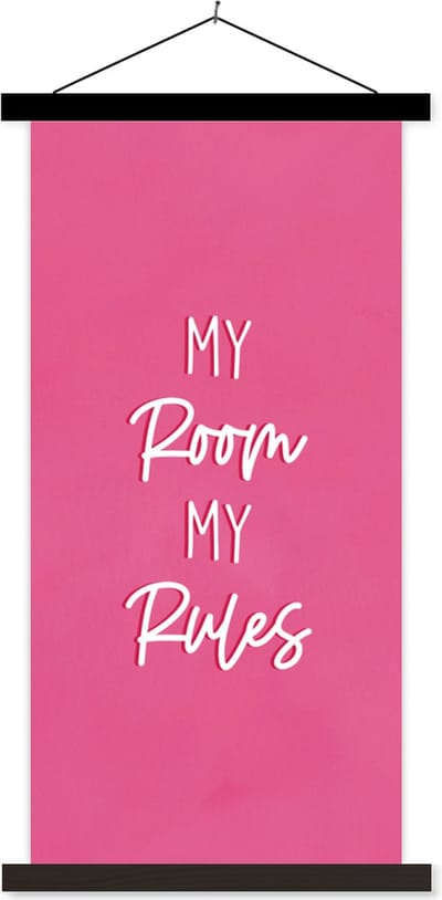 Posterhanger incl. Poster 40x80 cm - Schoolplaat - Kind - Spreuken - Roze - My room my rules - Quotes - Textielposter - Zwarte latten
