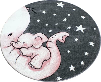 Flycarpets Flycarpets - Kids Kinderkamer Olifant Roze Vloerkleed Rond - 120x120 cm