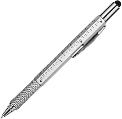 Multitool Pen - 6-in-1 Gereedschap - Klusjes Binnen Handbereik - Geïntegreerde Waterpas - Diameter 1 x 14.5 cm - Zilver