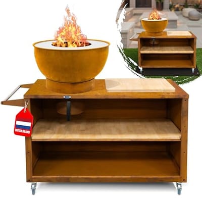 Compacte Buitenkeuken met Grill en Plancha op Wielen - Mobiele Barbecue met Ruimte voor Brandhout