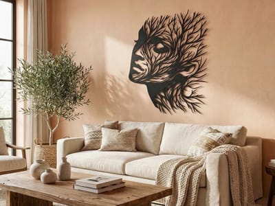 VAILLA vrouwengezicht wanddecoratie hout 35x40 cm, 3D muurdecoratie met takken voor woonkamer interieur