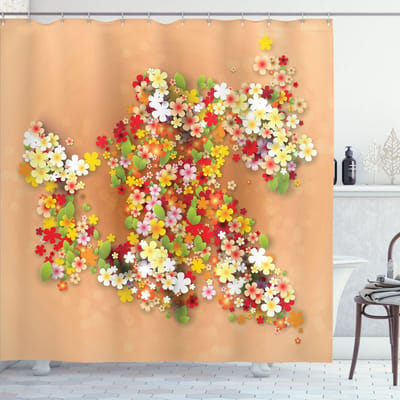 ABAKUHAUS bloemen douchegordijn – 175x180 cm – polyester – oranje, rood en wit