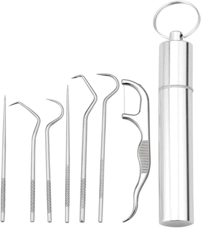 Tandenstokers Kit - Metalen Reinigingstool - Outdoor Hygiëne - Zeven Verschillende Vormen - 7 Stuks - Zilverkleurig