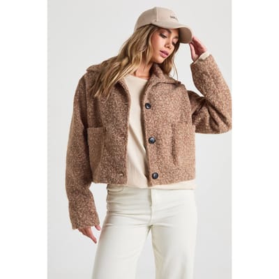 boohoo Dames Wool Look-jasje met kraag, knoopsluiting en zakdetails | Camel | Maat: 14