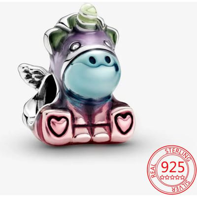 Prachtige 925 Sterling Zilver Zwart Roze Emaille Hartvormige Eenhoorn Bedel Past Mode Armband DIY Cadeau Sieraden Vrouwen gray