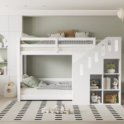 HAUSS SPOLE Stapelbed voor 2 kinderen 90x200cm - Met Trap En Lockerkasten - Kinderbed Met Rausfallschutz - Stapelbed voor Meisjes en Jongens - Massief Hout + MDF - Wit (Zonder Matras)