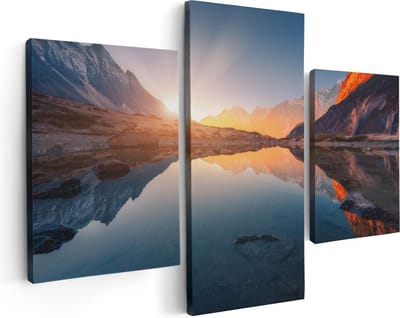 Artaza Canvas Schilderij Drieluik Bergen Landschap Met Zonsopgang - 90x60 cm - Wanddecoratie Woonkamer - Schilderijen - Muurdecoratie