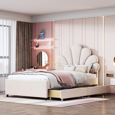 Wishdor – Kinderbed 90x200 cm – Bloemvormig Hoofdbord & 2 Opberglades – Fluweel Beige