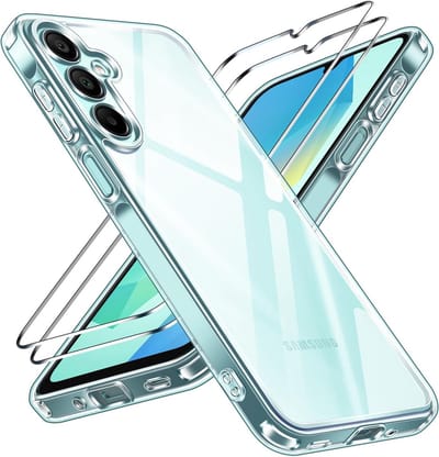 Casemania Hoesje + Glas Geschikt voor Samsung Galaxy A16 - Transparant - Anti Shock Back Cover + 2X Glazen Screenprotector