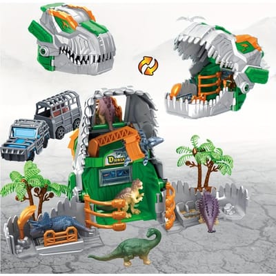 Jurassic Dinosaurs Park Speelset Transformer Dino Basis Educatief Speelgoed met Dinosaurussen Model Beeldjes Vrachtwagen Boom Kooi Cadeau voor Jongen gray