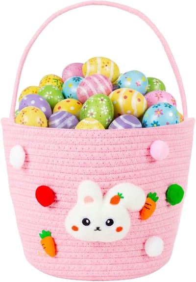 Bunny Paasmand met Handvat, Katoenen Touw Eierenjacht Emmer, Draagbare Tas voor Snoep, Cadeaus en Feestdecoratie, Roze, Ideaal voor Opberging en Organisatie