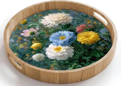 Dienblad rond 40x40 cm - Schootdienblad hout - Close-up - Veld - Bloemen - Kleurrijk - Borrelplank rechthoek - Plateau houten dienbladen