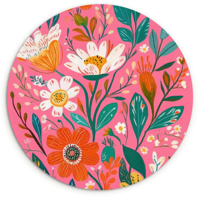 WallCircle® Wandcirkel 90x90 cm - Muurcirkel Roze - Bloemen - Wit - Oranje - Muurdecoratie woonkamer - Wanddecoratie slaapkamer - Kamer decoratie accessoires - Ronde schilderijen