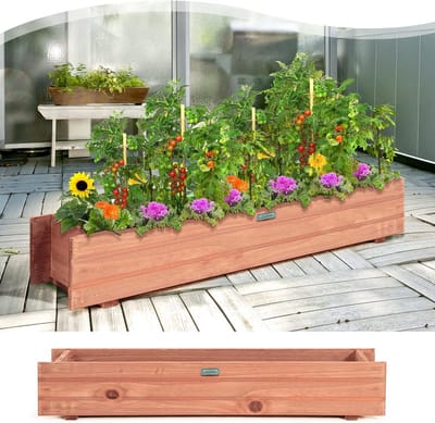 COSTWAY Verhoogd bloembed van hout, tuinbed, 91,5 x 18 x 16 cm, voor groenten, fruit, kruiden, plantenbak voor tuin, gazon, terras, balkon, geen montage nodig, bruin