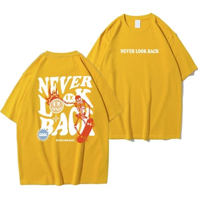 Never Look Back Creatieve Glimlach Schedel Afdrukken Cartoons Straat 3D Print T-shirt Man Losse Tee Kleding Ronde Hals Tops T-shirt 6XL yellow