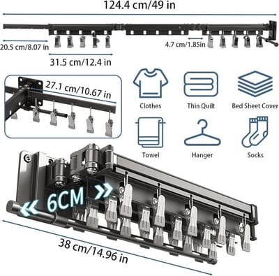 Famanu - Droogrek, wandmontage, 124 cm, uittrekbaar, aluminium, wanddroger met 20 clips, ruimtebesparende droogstandaard voor wasruimte, inklapbaar, voor balkon, badkamer, terras