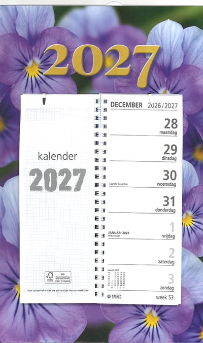 MGPcards - Omlegweekkalender 2027 - Week begint op maandag - 21 x 34 cm - Violen/Bloemen - Paars