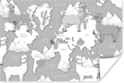 Poster 30x20 cm - Wereldkaart - Alpaca - Bergen - Posters - Kamer decoratie - Wanddecoratie woonkamer - Muurdecoratie slaapkamer
