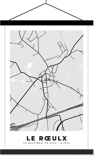 Posterhanger incl. Poster 40x60 cm - Schoolplaat - Plattegrond – Le Rœulx – Zwart Wit – Stadskaart - Kaart - Textielposter - Zwarte latten - Stadskaart
