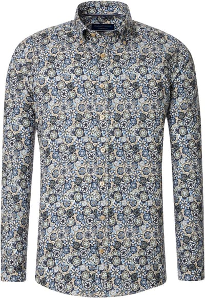 CASA MODA Sport comfort fit overhemd - twill - blauw met wit - groen en beige dessin - Strijkvriendelijk - Boordmaat: 39 - 40