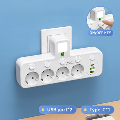 Eén naar meerdere, met schakelaar, USB-stopcontact, met USB slimme stekkerdoos, stekkerdoos, verlengsnoer, Type-C opladen, met nachtlampje, witte uitvoering 3
