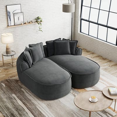 BLACKCOLORS Comfortabele Cloud-tweezitsbank van chenille, ontwerp zonder frame, extra grote dubbele chaise longue, inclusief kussens, geen montage nodig, voor de woonkamer, grijs