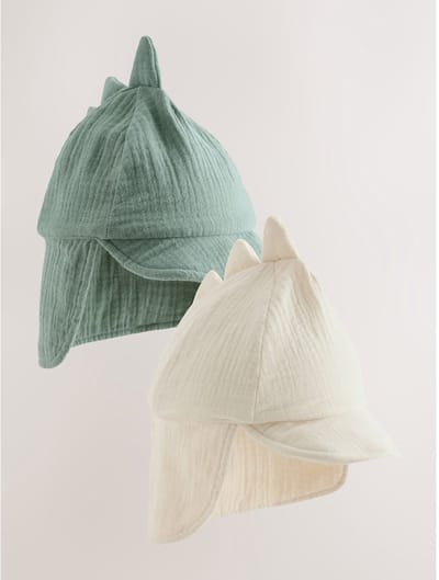 Next - Jongens - Set van 2 babypetjes met dinoprint en flap in de nek - Groen