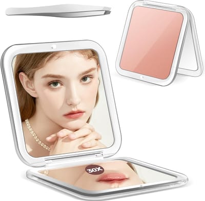 Compacte spiegel - 30x vergrotende spiegel - zakspiegel voor in de handtas - reismake-upspiegel met 30x/1x vergroting - onmisbare reisspiegels - precisiepincet, cadeau voor meisjes - Roségoud