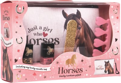 Loves Horses make-up tasje giftset, inhoud: 7 ml nagellak goud-glitter, 7 ml nagellak roze, gouden glitter nagelvijl (100 x 20 mm), teenscheider roze, wit linnen make-up tasje met print