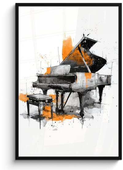 Poster in lijst - Fotolijst 80x120 cm - Posters - Piano - Oranje - Zwart - schets lijnen - Posterlijst zwart - Decoratie - Wanddecoratie woonkamer - Muurdecoratie slaapkamer