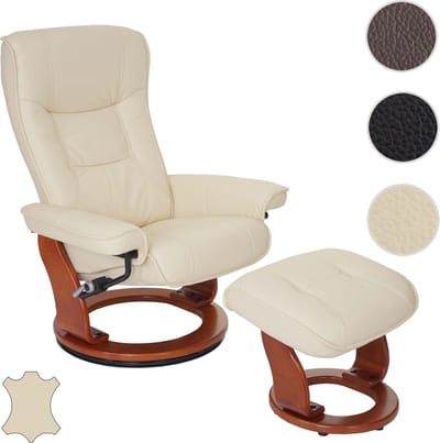 MCA relaxfauteuil Hamilton, TV fauteuil kruk, echt leer 130kg draagvermogen ~ crème, honingkleurig