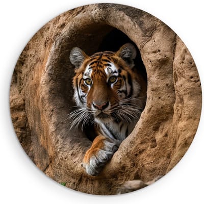 Saammp Muurcirkel Hout - Tijger met groot gat - Natuur - Dieren - Ø 90 - Wandcirkel - Wanddecoratie Cirkel - muurdecoratie Woonkamer - Slaapkamer decoratie - Rond Schilderij