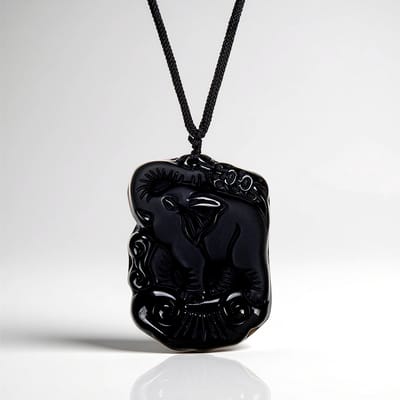 Cavill - Halsketting 195 ct Zwarte Obsidiaan uit Mexico - Fancy Slijpsel 50x36 mm - 39 cm - Handgemaakte Unieke Edelsteen